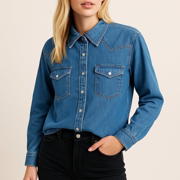 Wilfred Free Denim Western Long Sleeve Shirt XS Blue 100% Cotton Aritzia Casual - Picture 2 of 10